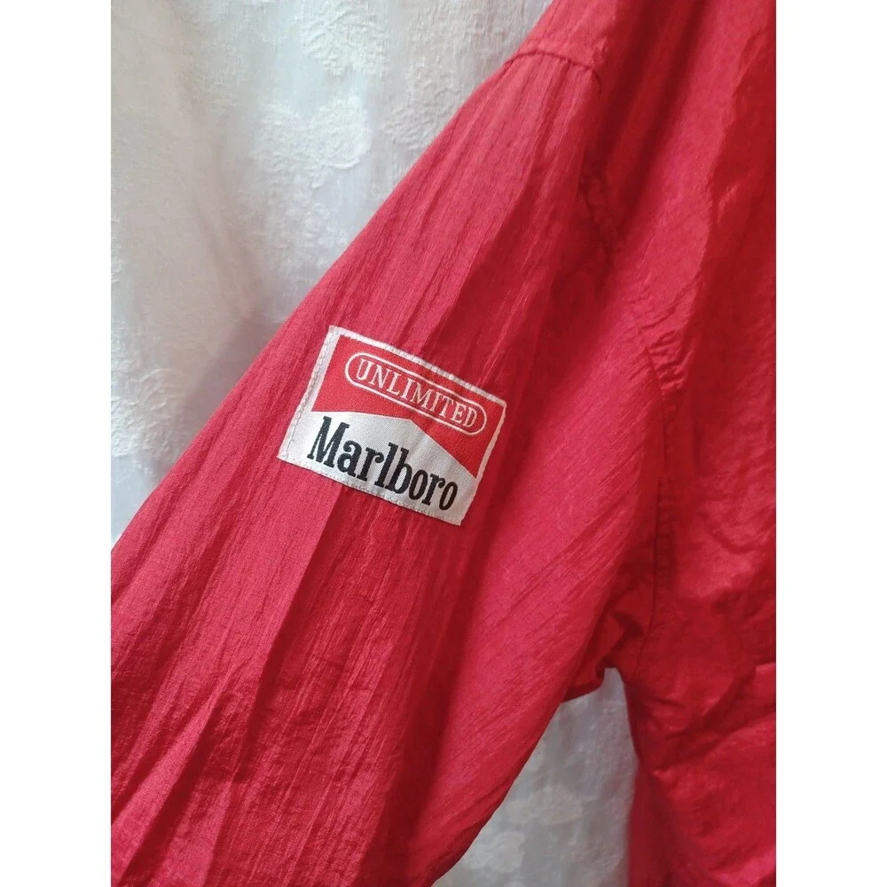 VINTAGE MARLBORO UNLIMITED RED HOODED PACKABLE WINDBREAKER JACKET SIZE LG